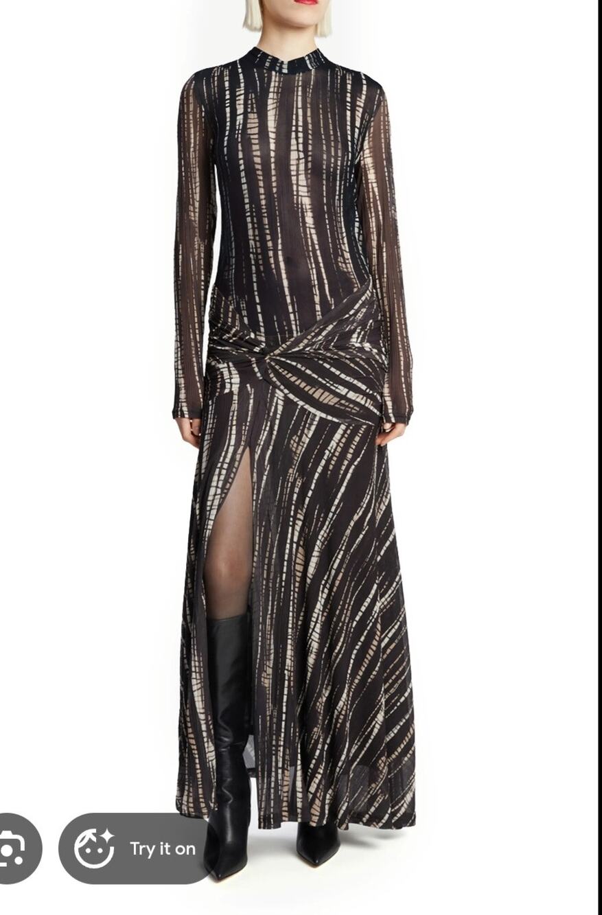 Bardot XL Black Beige Abstract Print Sheer Long Sleeve Maxi Dress Slit Cocktail